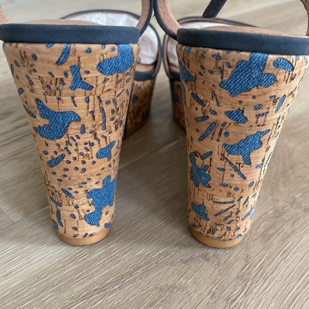Anthropologie Arden Denim Blue Cork Platform Wedge Leather Sandals Size 9 - Picture 9 of 10